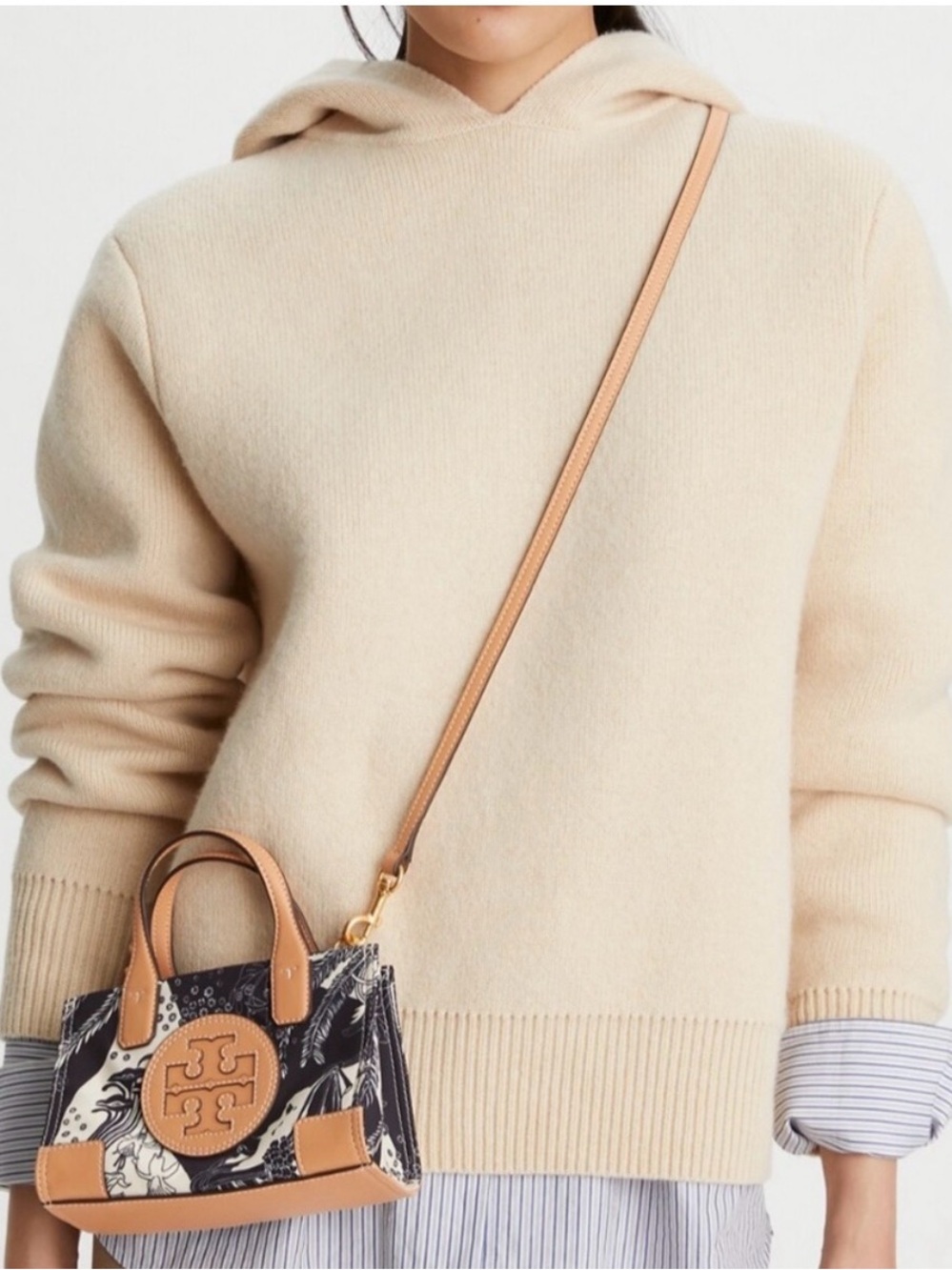 Tory Burch Mini Printed Canvas Satchel with Tan Leather Trim